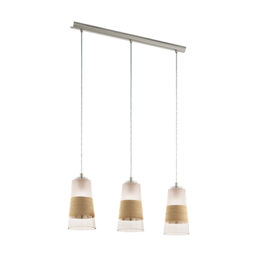 Burnham pendel i metal Satin Nikkel og Klar glasskærm med dekoration Bast Natur, MAX 3x60W E27, længde 84 cm, bredde 15 cm, højd